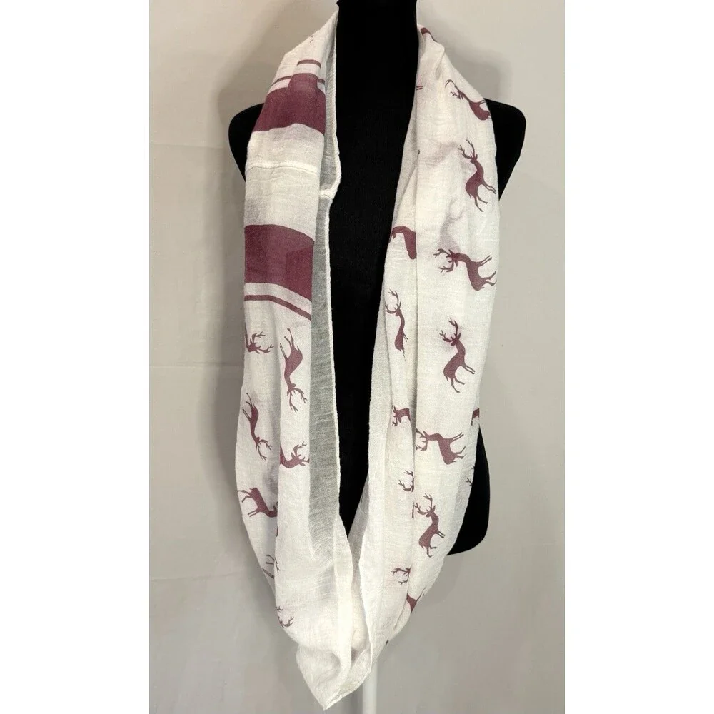 Ivory Burgundy Scarf Infinity Muslin Gauze One-Size Reindeer Holiday Christmas